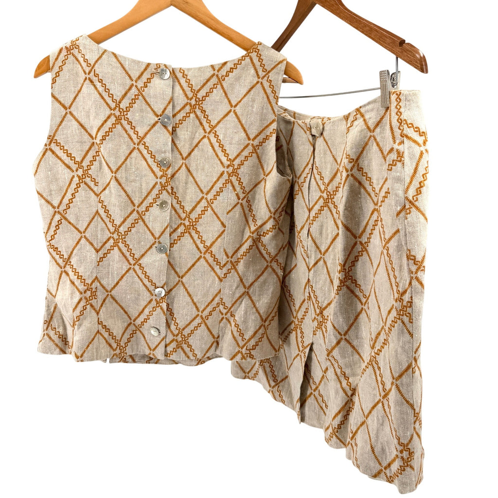 Vintage 90s Handmade Beige Mustard Yellow Linen Tribal Print Skirt Blouse Set