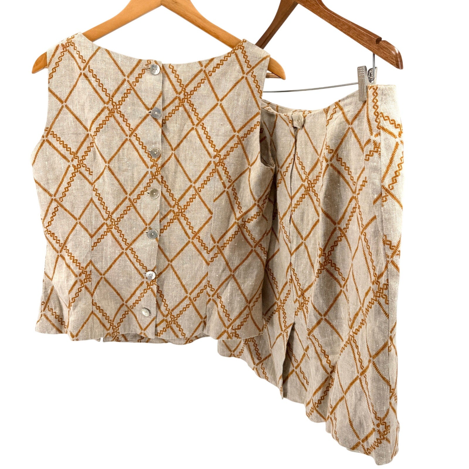 Vintage 90s Handmade Beige Mustard Yellow Linen Tribal Print Skirt Blouse Set