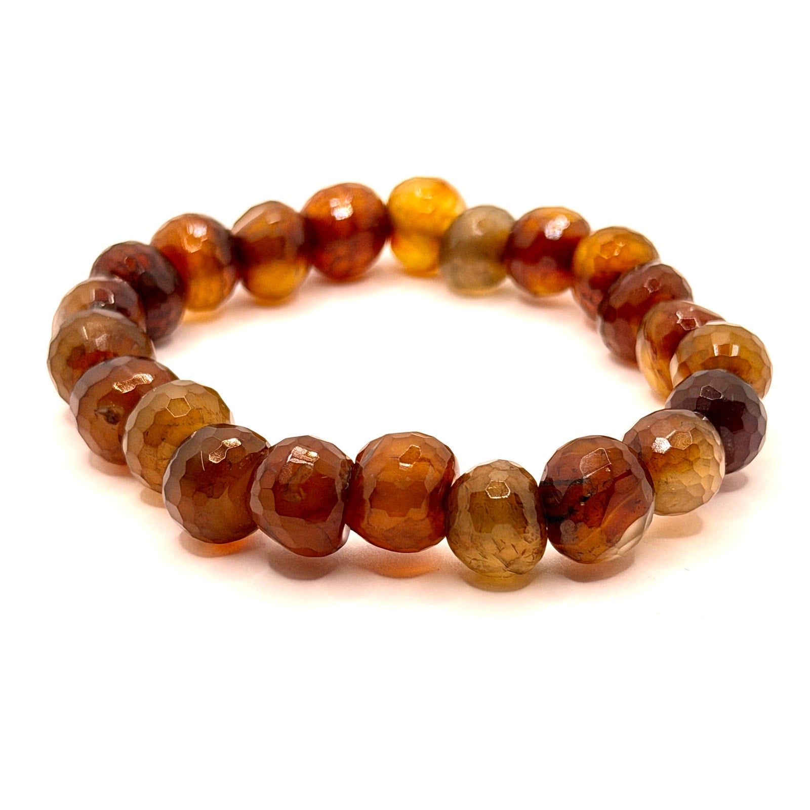 Chunky Brown Faceted Agate Gemstone Stretch Beaded Bracelet