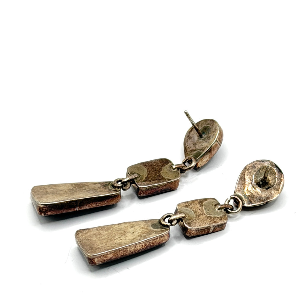 Vintage 90s Sterling Silver Black Onyx Green Gaspeite Inlay Drop Earrings