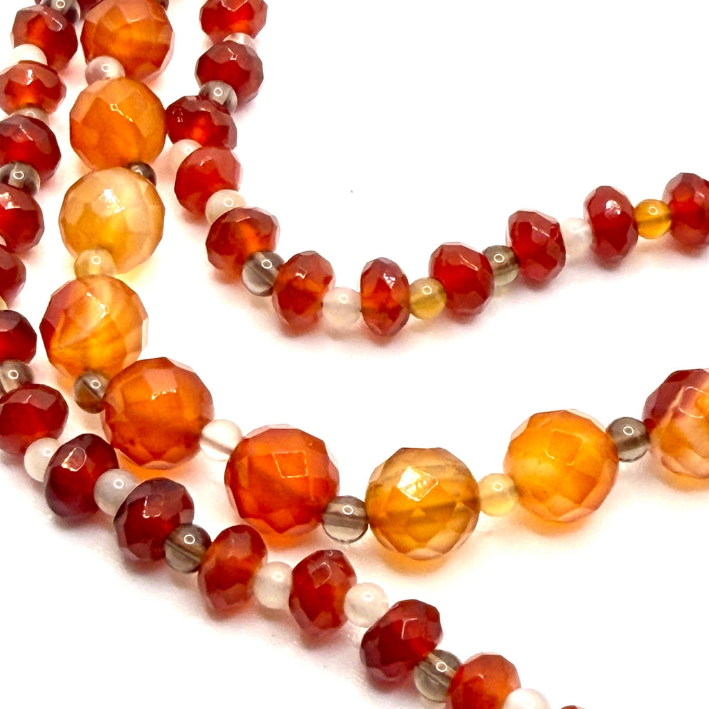 Vintage 90s Orange Carnelian Smoky Quartz Multi Strand Faceted Necklace