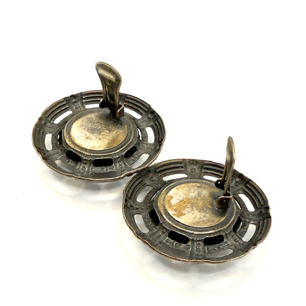 Vintage 80s Bronze Tone Rhinestone Openwork Dome Clip On Earrings