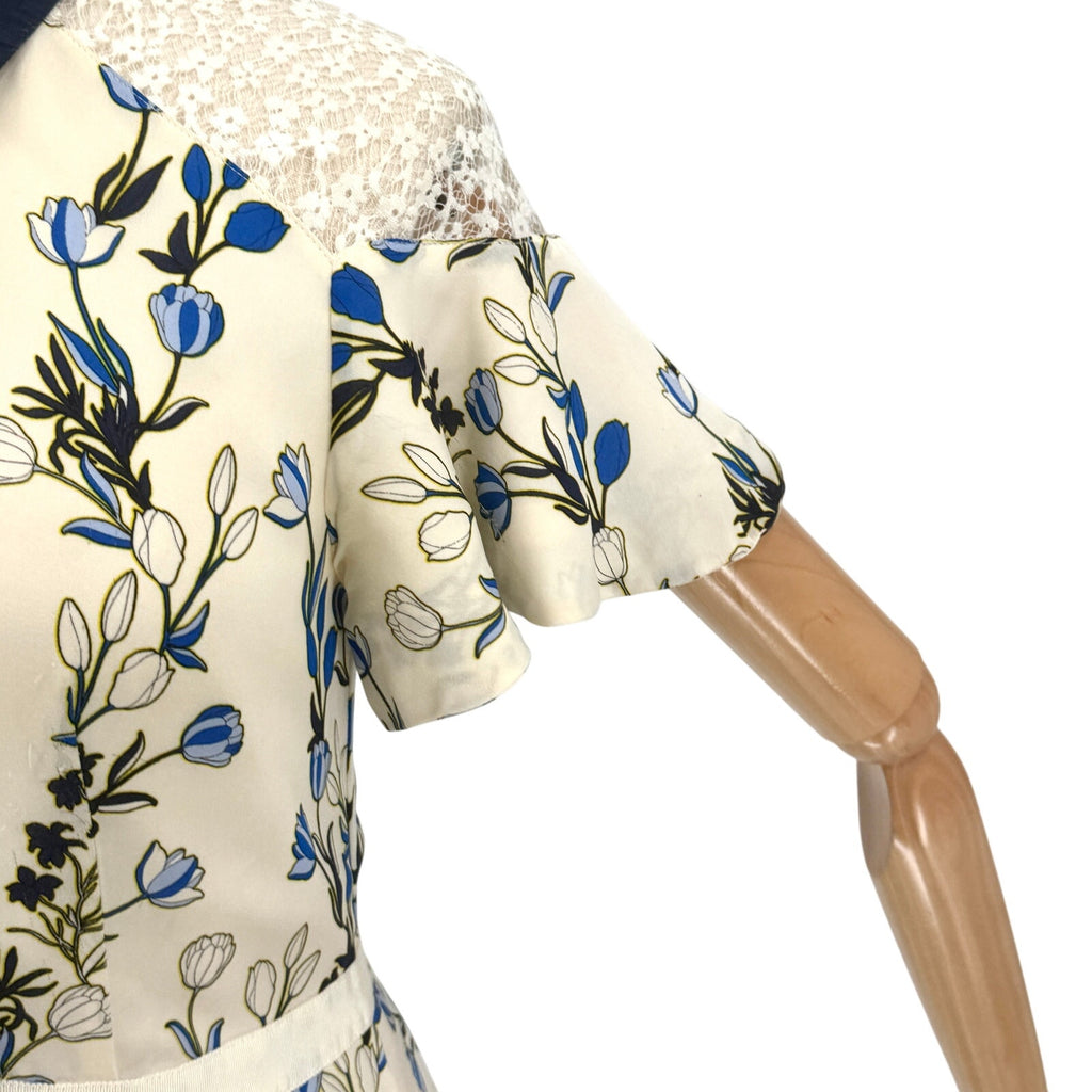 Draper James Navy Blue Cream Floral 100% Silk Lace Sleeve Shirt Dress