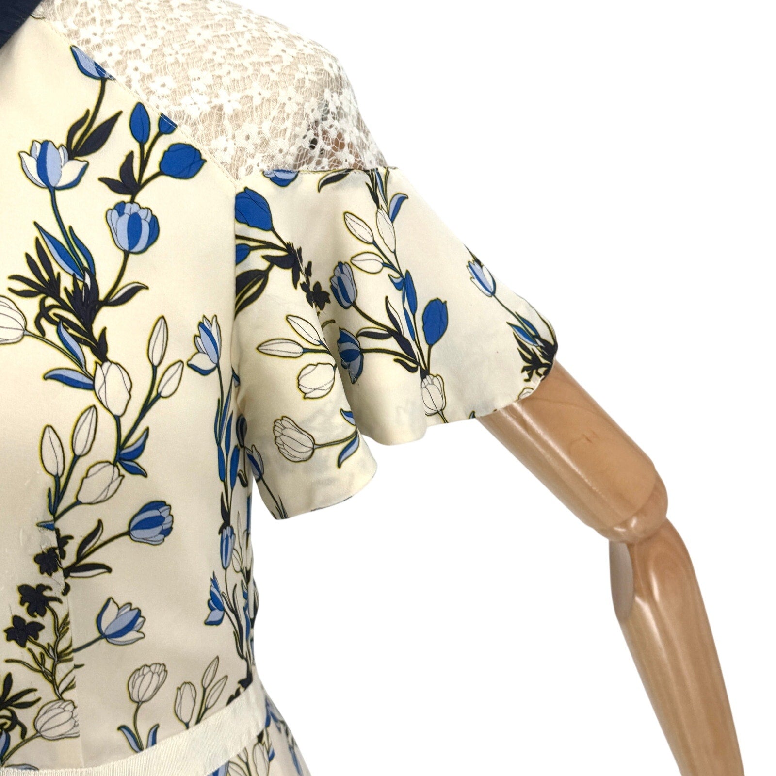Draper James Navy Blue Cream Floral 100% Silk Lace Sleeve Shirt Dress