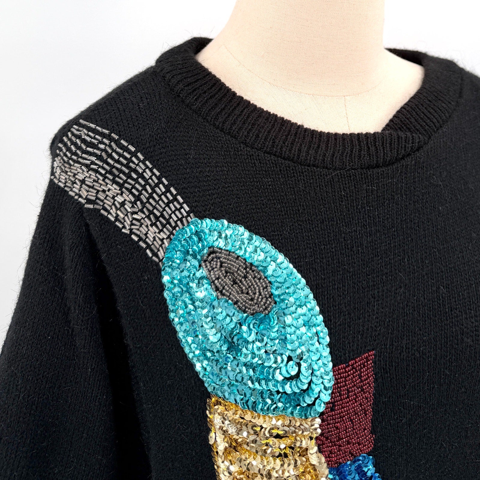 Vintage 80s A'Milano Black Abstract Sequin Beaded New Wave Sweater Dress