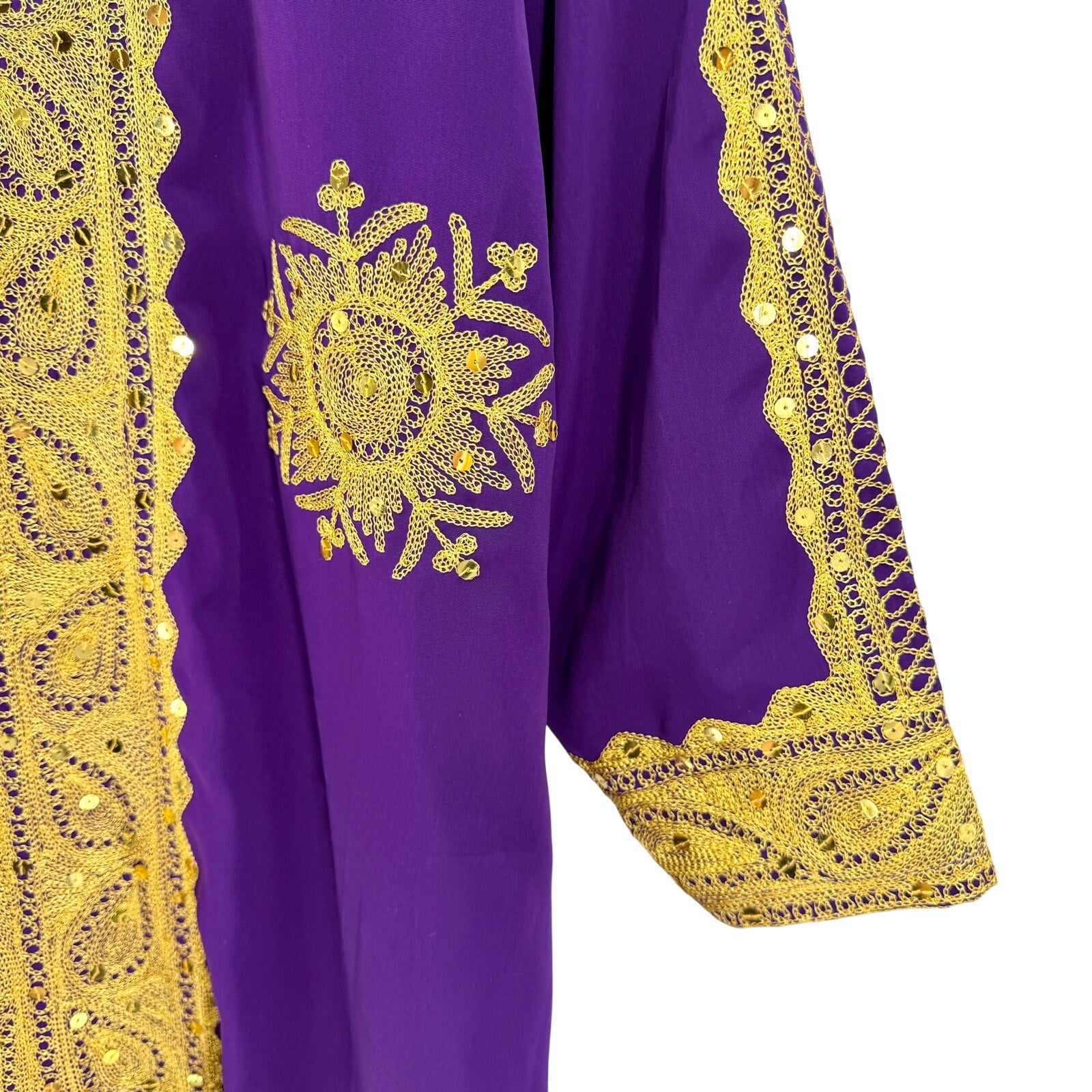 Vintage 90s Purple Gold Embroidered Sequin African Kaftan Maxi Dress