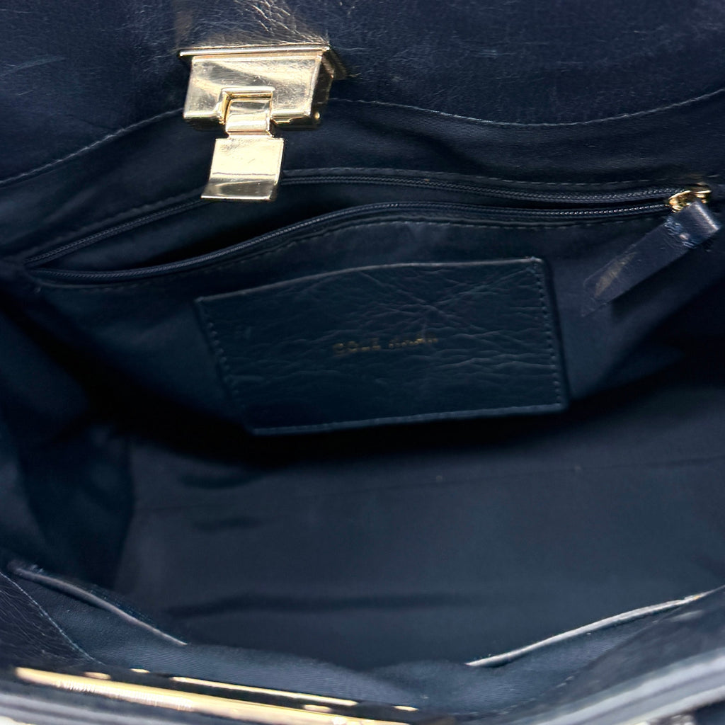 Cole Haan Navy Blue Genuine Leather Minimalist Push Lock Satchel Crossbody Bag