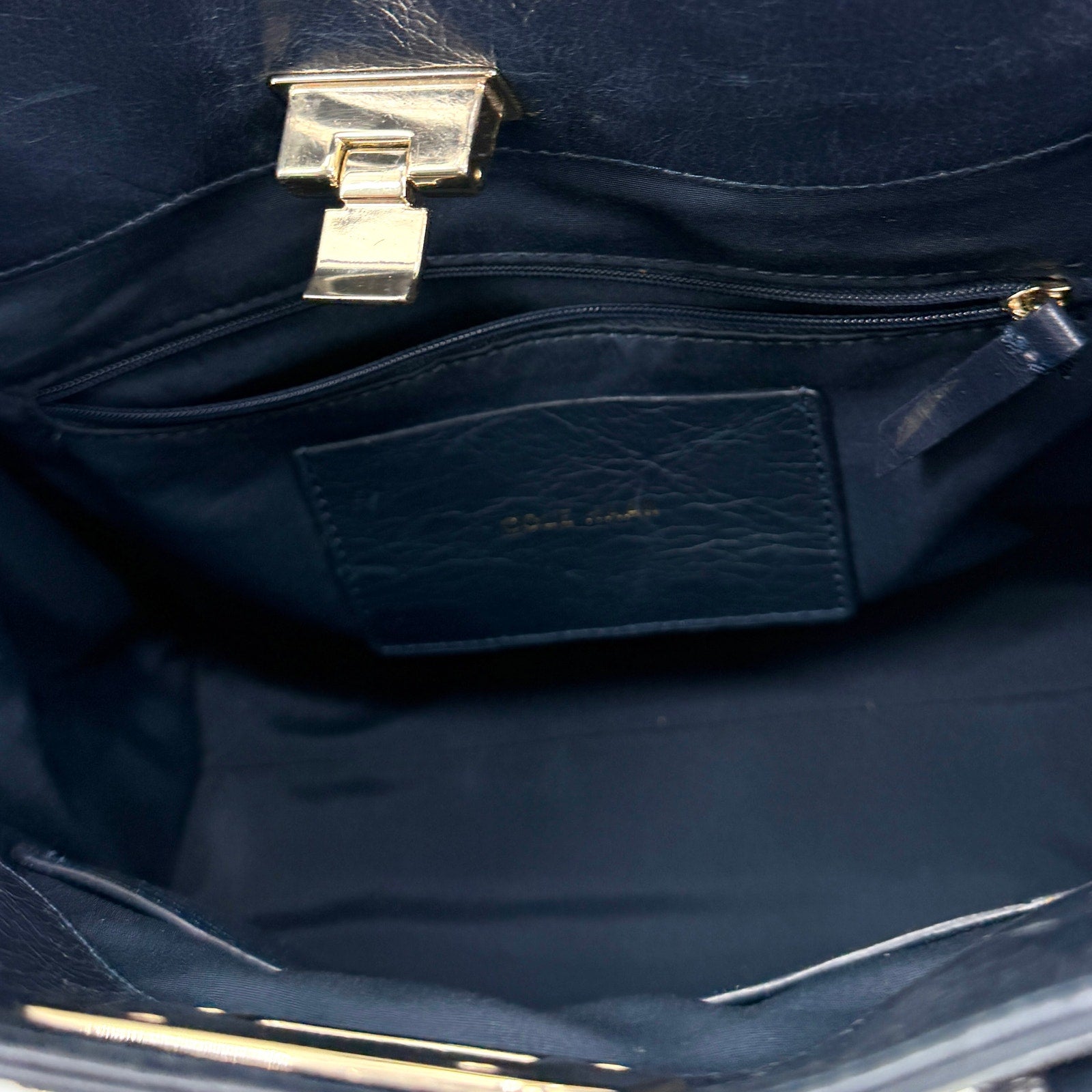 Cole Haan Navy Blue Genuine Leather Minimalist Push Lock Satchel Crossbody Bag