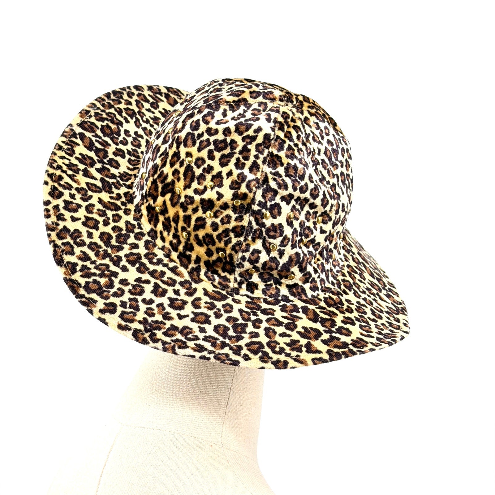Vintage 90s Leopard Velvet Gold Studded Wire Brim Bucket Hat