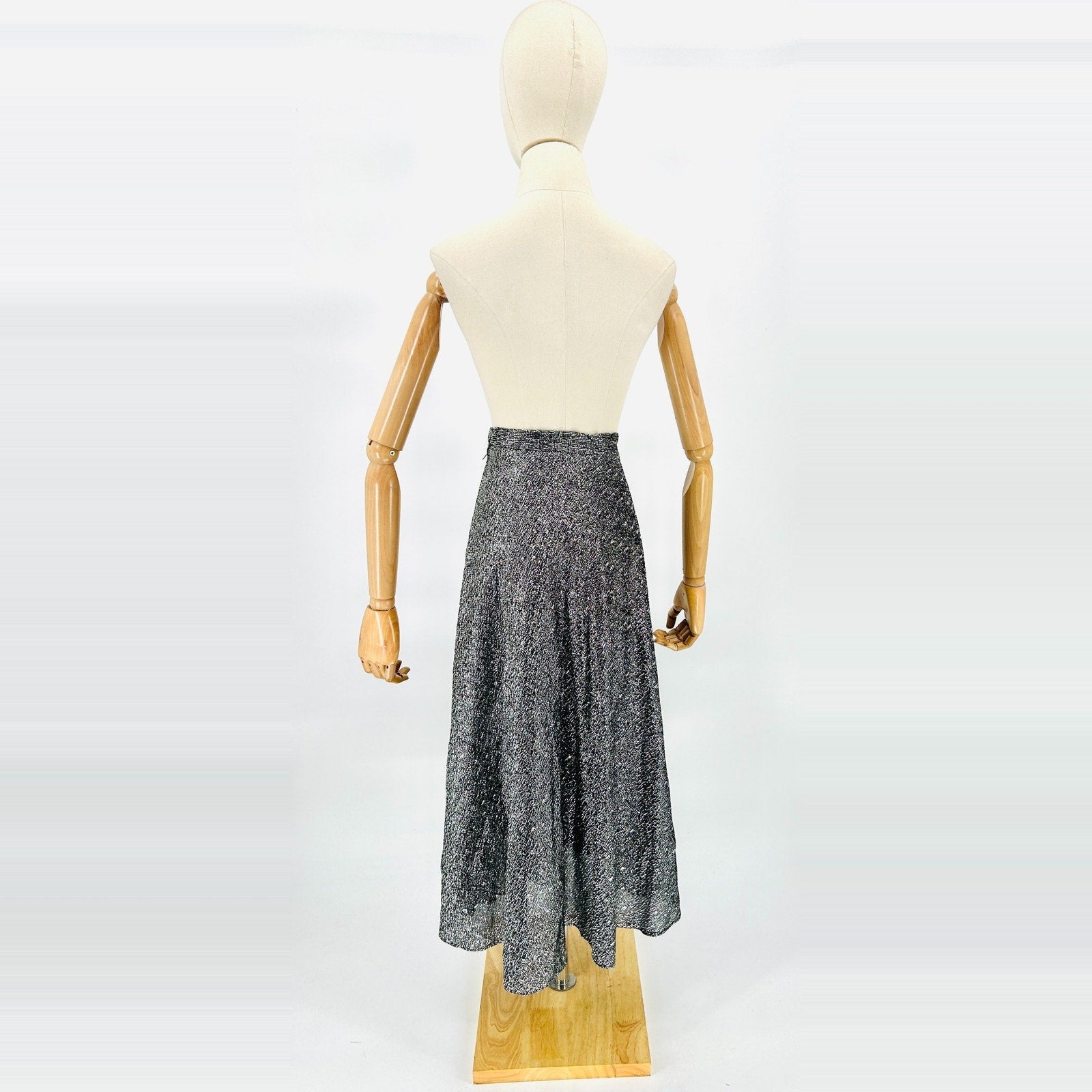Vintage 80s Handmade Black Silver Metallic Woven Glam Midi Skirt