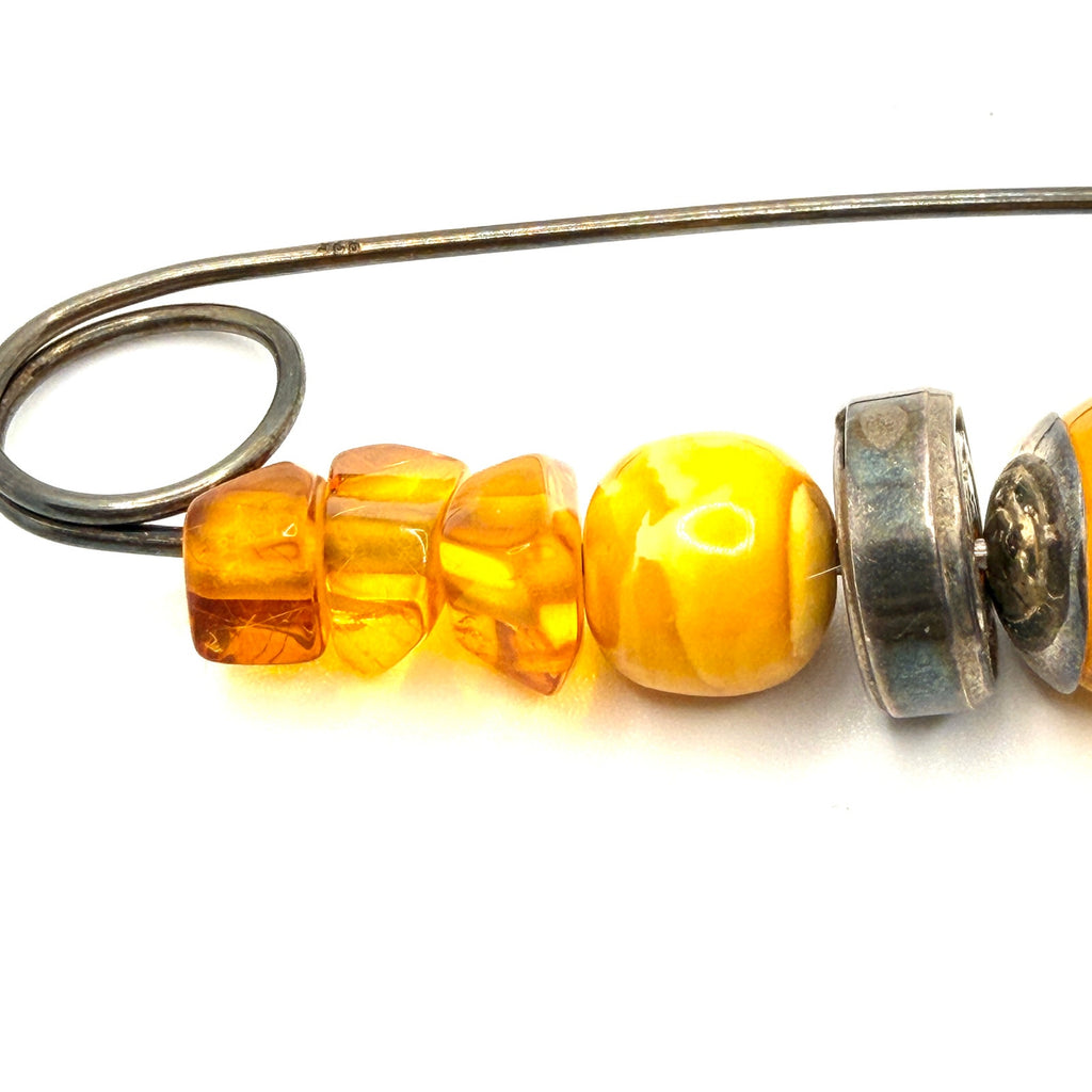 Vintage Stamped Sterling Silver Butterscotch Amber Artisan Kilt Pin Brooch
