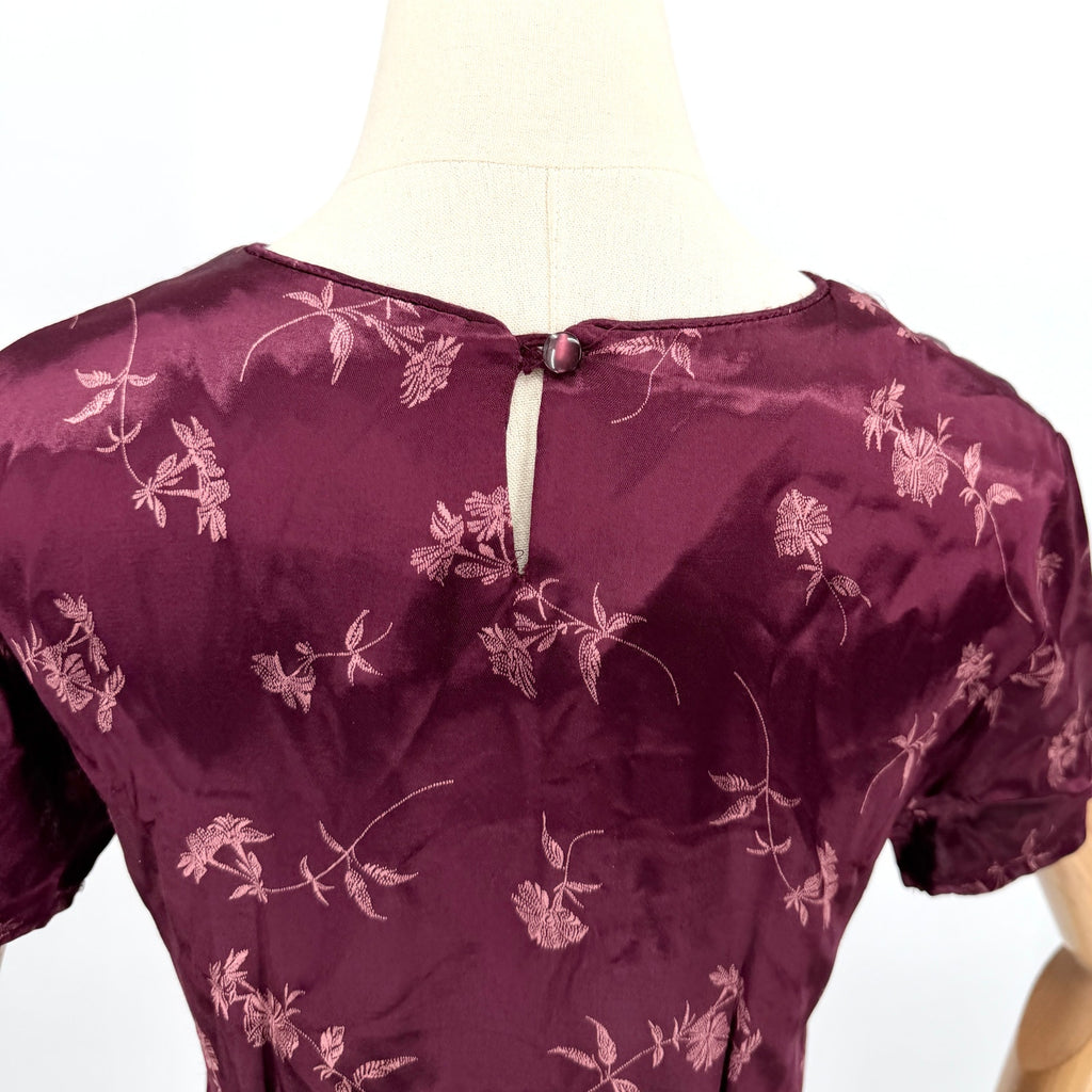 Vintage 90s GAP Burgundy Floral Satin Jacquard Cheongsam Slip Dress