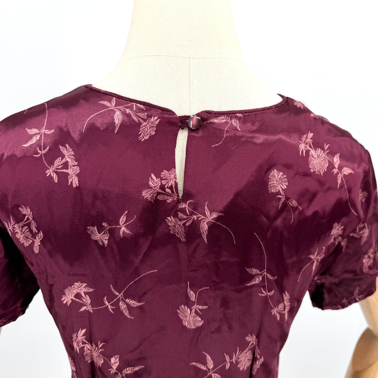 Vintage 90s GAP Burgundy Floral Satin Jacquard Cheongsam Slip Dress