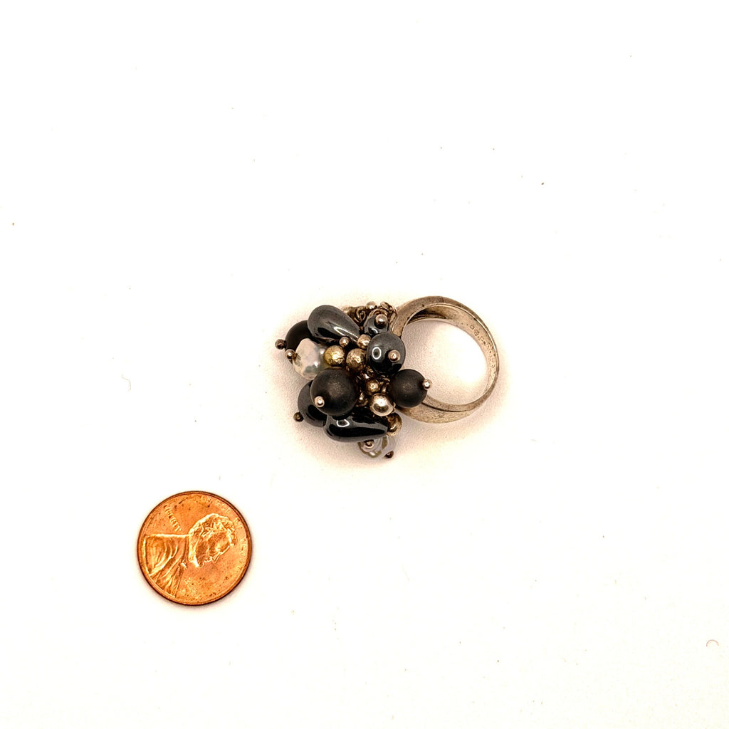 Vintage 90s JCM Signed 925 Sterling Silver Hematite Pearl Cluster Ring