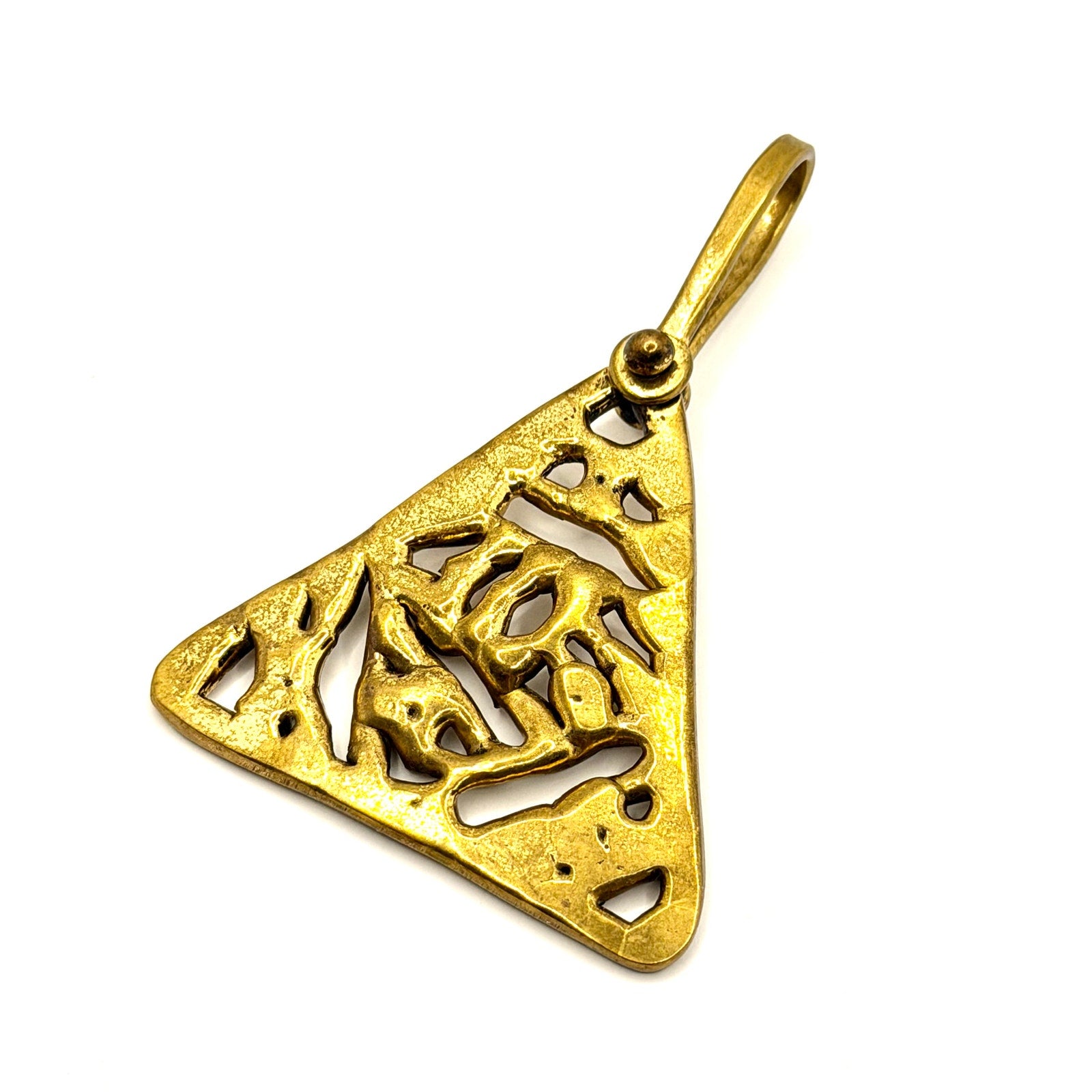 Vintage 80s Artist Signed Brass Sculptural Brutalist Abstract Triangle Pendant