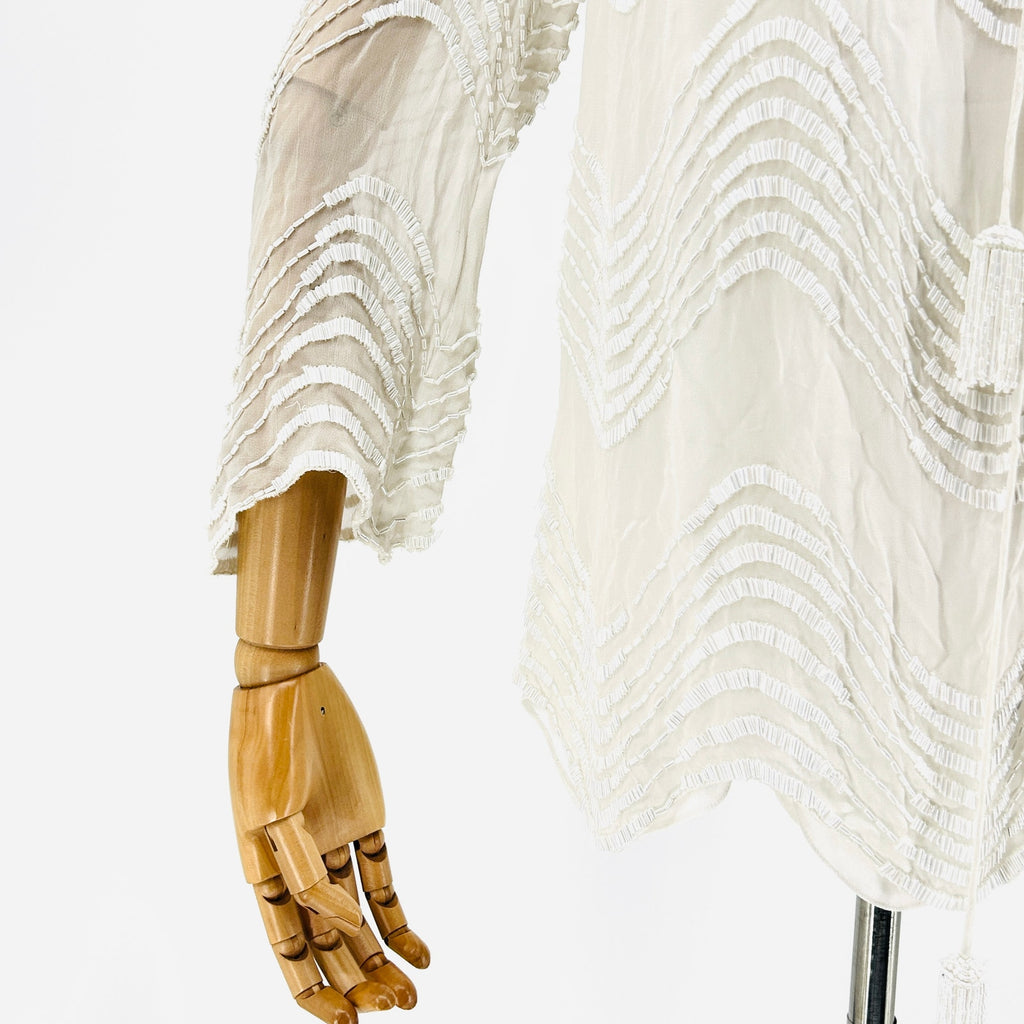 Bo.Bô White 100% Silk Sheer Fully Beaded Satin Lined Boho Tassel Tunic