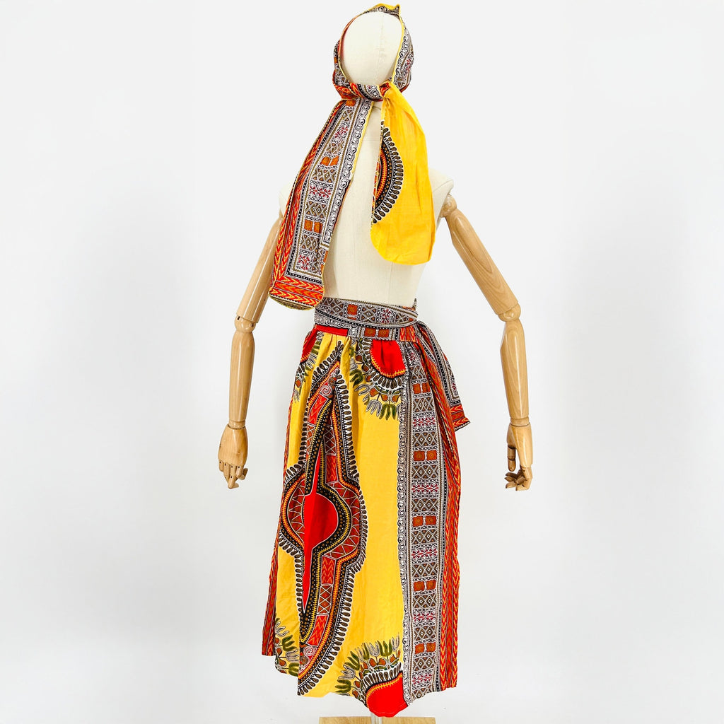 Vintage 90s Rainbow Yellow Red Dashiki Cotton Skirt & Head Scarf Set