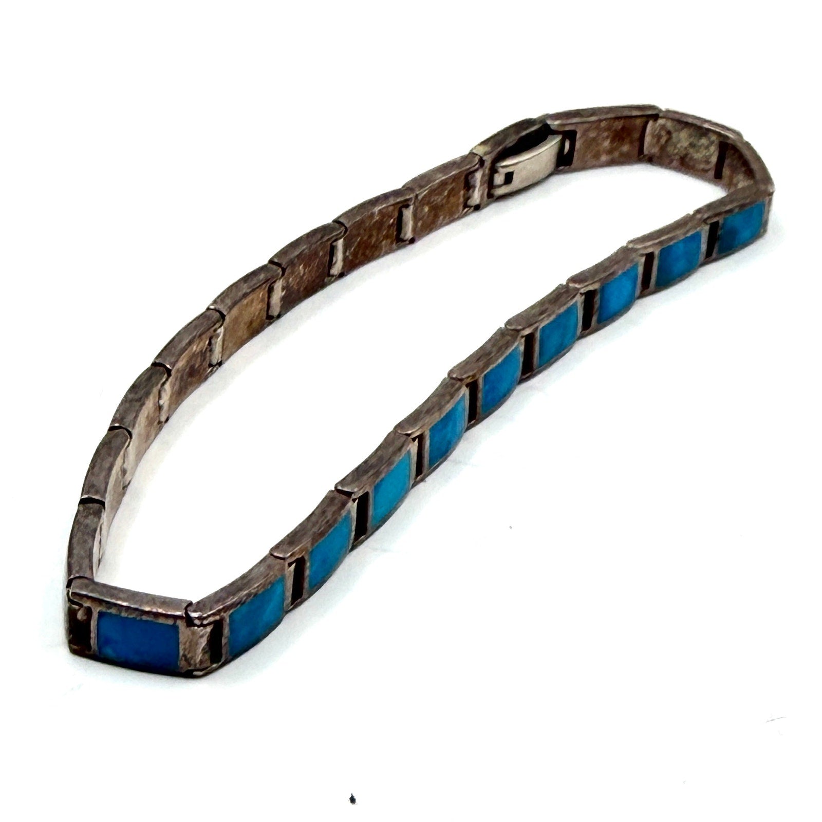 Vintage 90s Turquoise Sterling Silver Stamped Inlay Tennis Bracelet