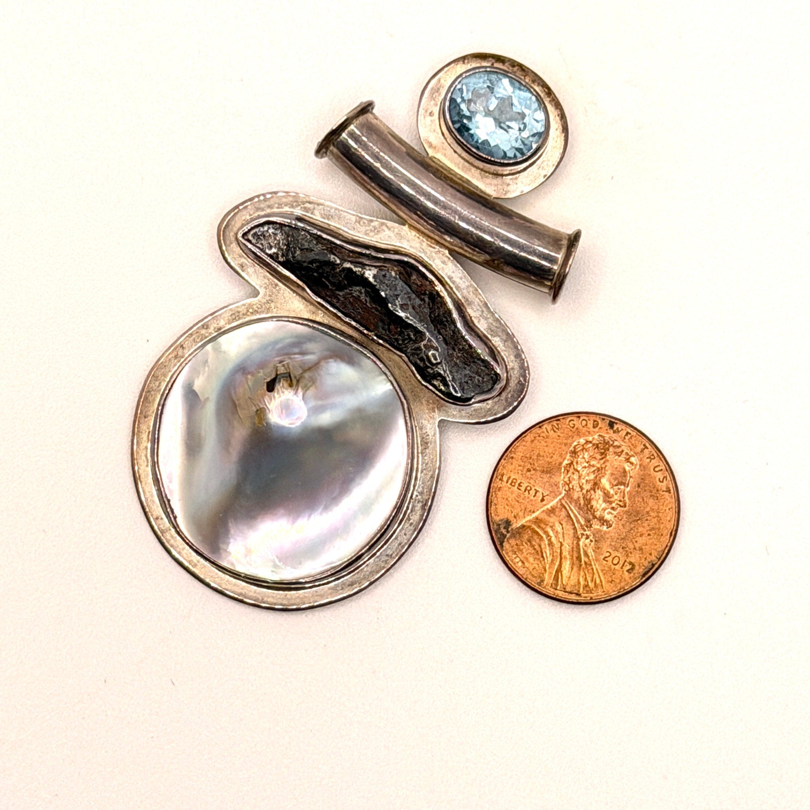 Vintage 90s Starborn Sterling Mother of Pearl Blue Topaz Tektite Slide Pendant
