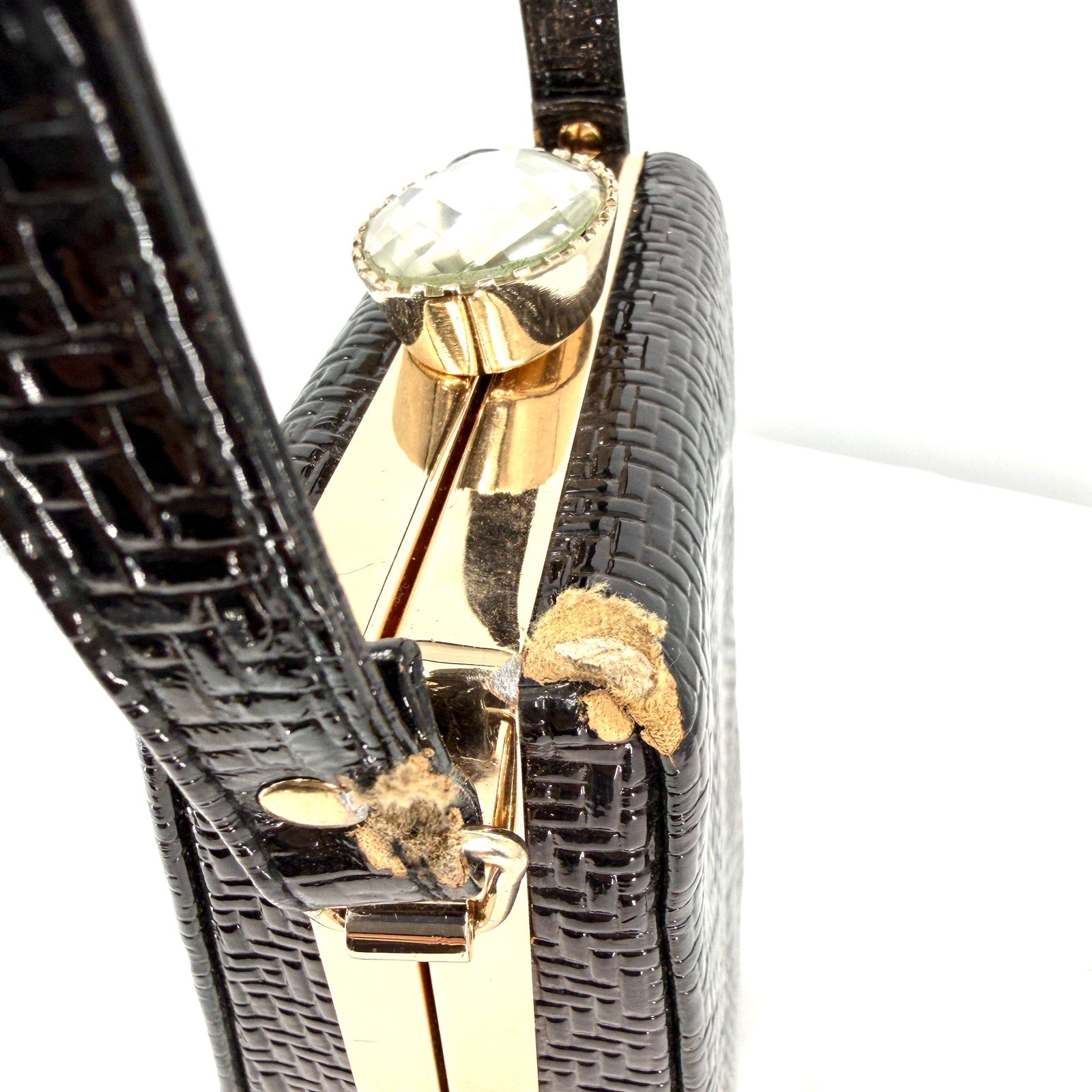 Vintage 90s Black Patent Leather Maximalist Rhinestone Clasp Box Handbag