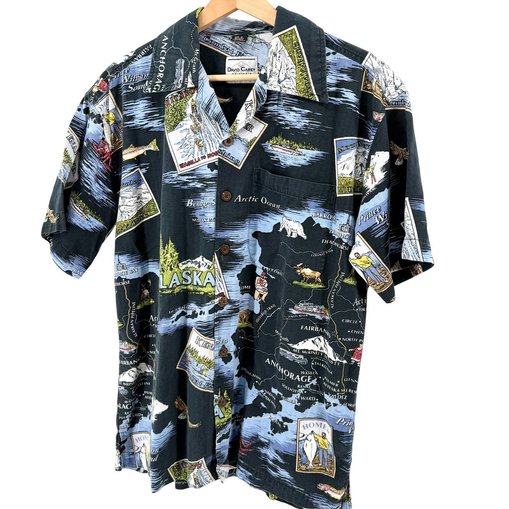 Vintage 90s David Carey Black Alaska Map Novelty Print Button Up Shirt
