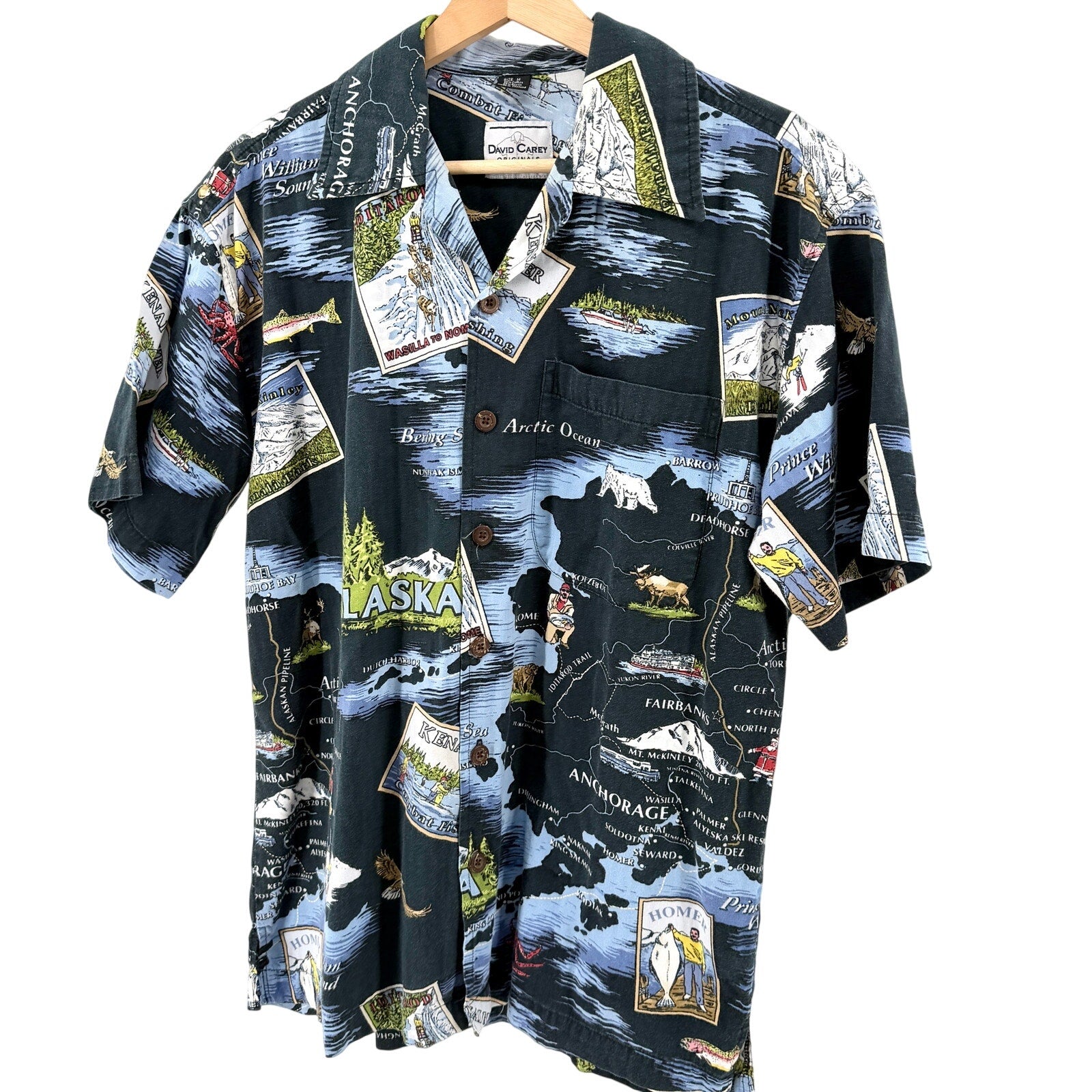 Vintage 90s David Carey Black Alaska Map Novelty Print Button Up Shirt