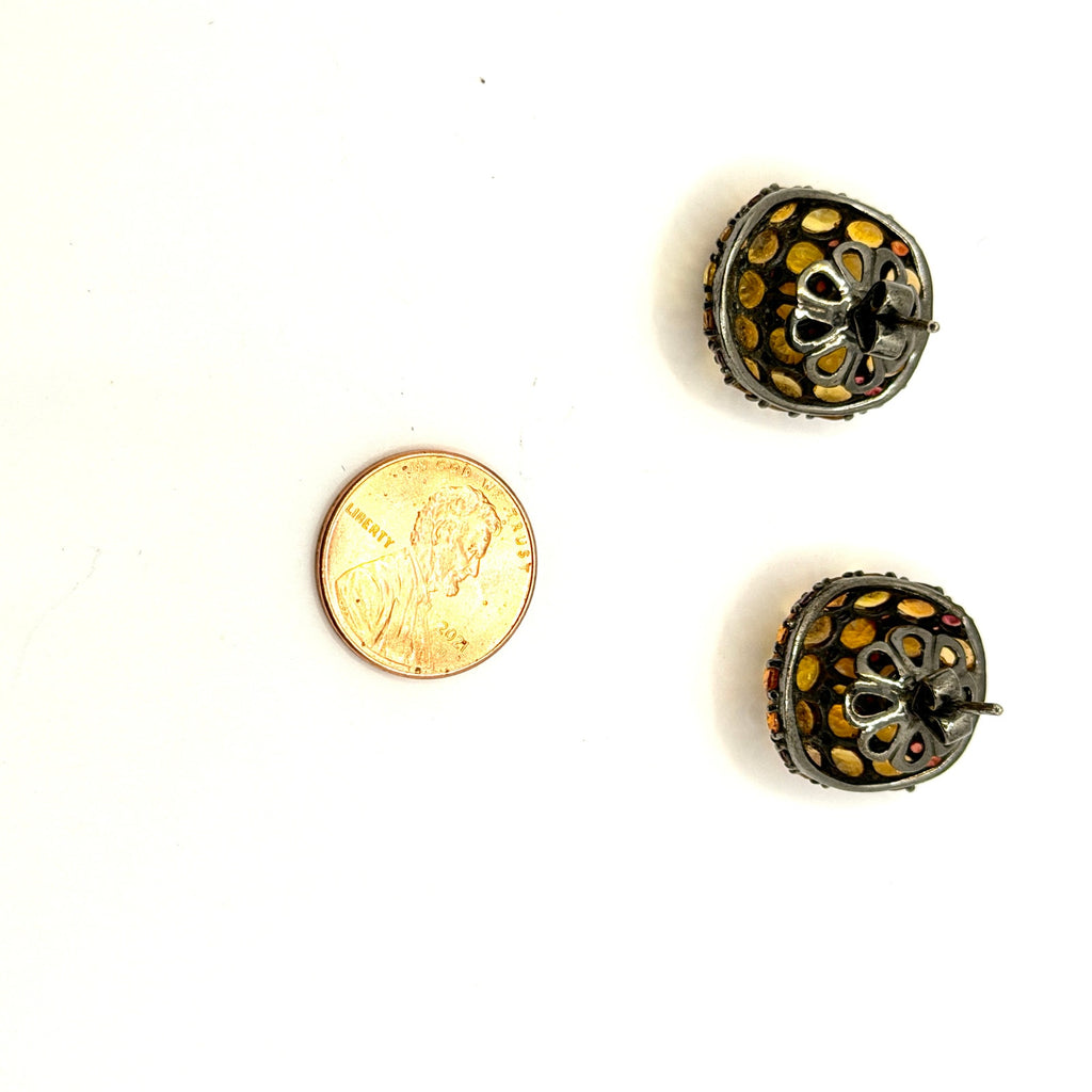 Vintage 90s Genuine Yellow Sapphire Garnet Dome Statement Stud Earrings
