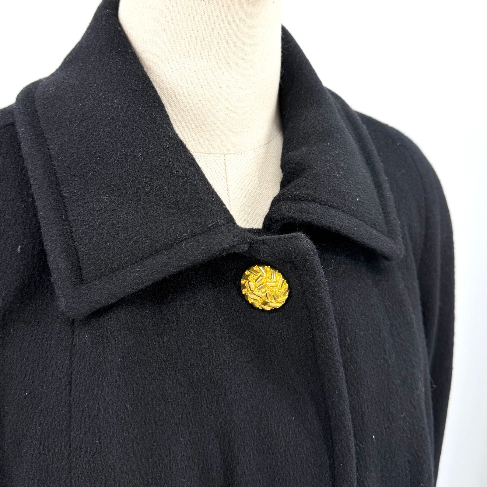 Vintage 90s Perry Ellis Black 100% Wool Gold Button Swing Overcoat