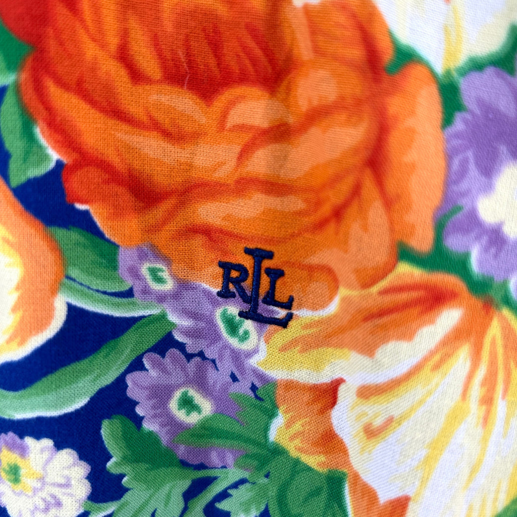 Vintage 90s Lauren Ralph Lauren Blue 100% Cotton Floral Short Sleeve Shirt