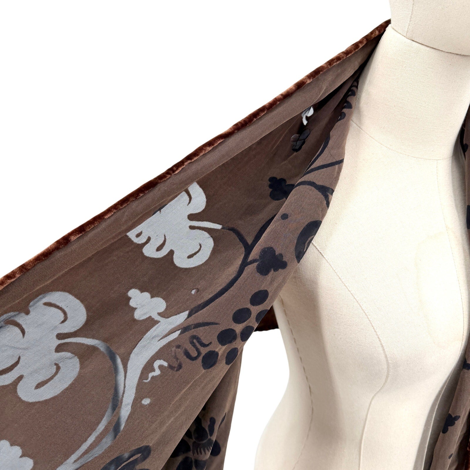 Vintage Y2K Boho Brown Velvet Black Burnout Grape Leaf Fringe Scarf