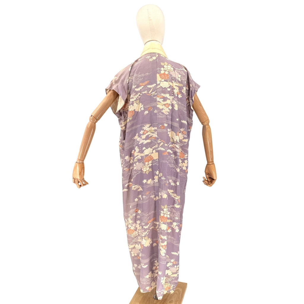 Vintage 50s Showa Era Purple 100% Silk Floral Nagajuban Loungewear Kimono Robe