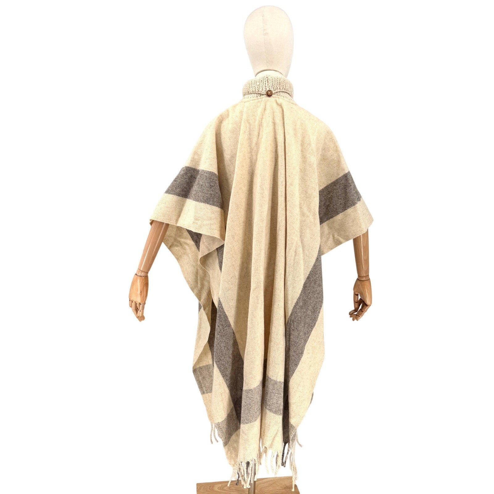 Vintage 80s Cream Oatmeal 100% Wool Button Cowl Neck Fringe Poncho