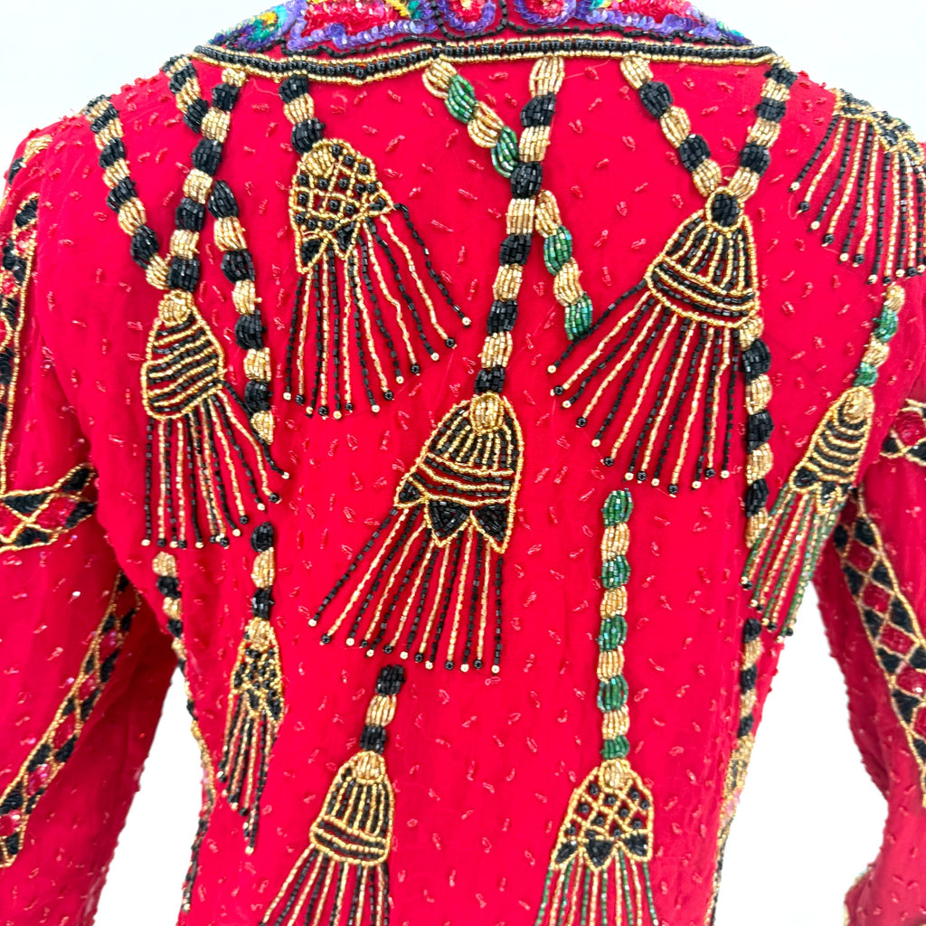 Vintage 90s Laurence Kazar Red 100% Silk Beaded Tassel Glam Statement Jacket