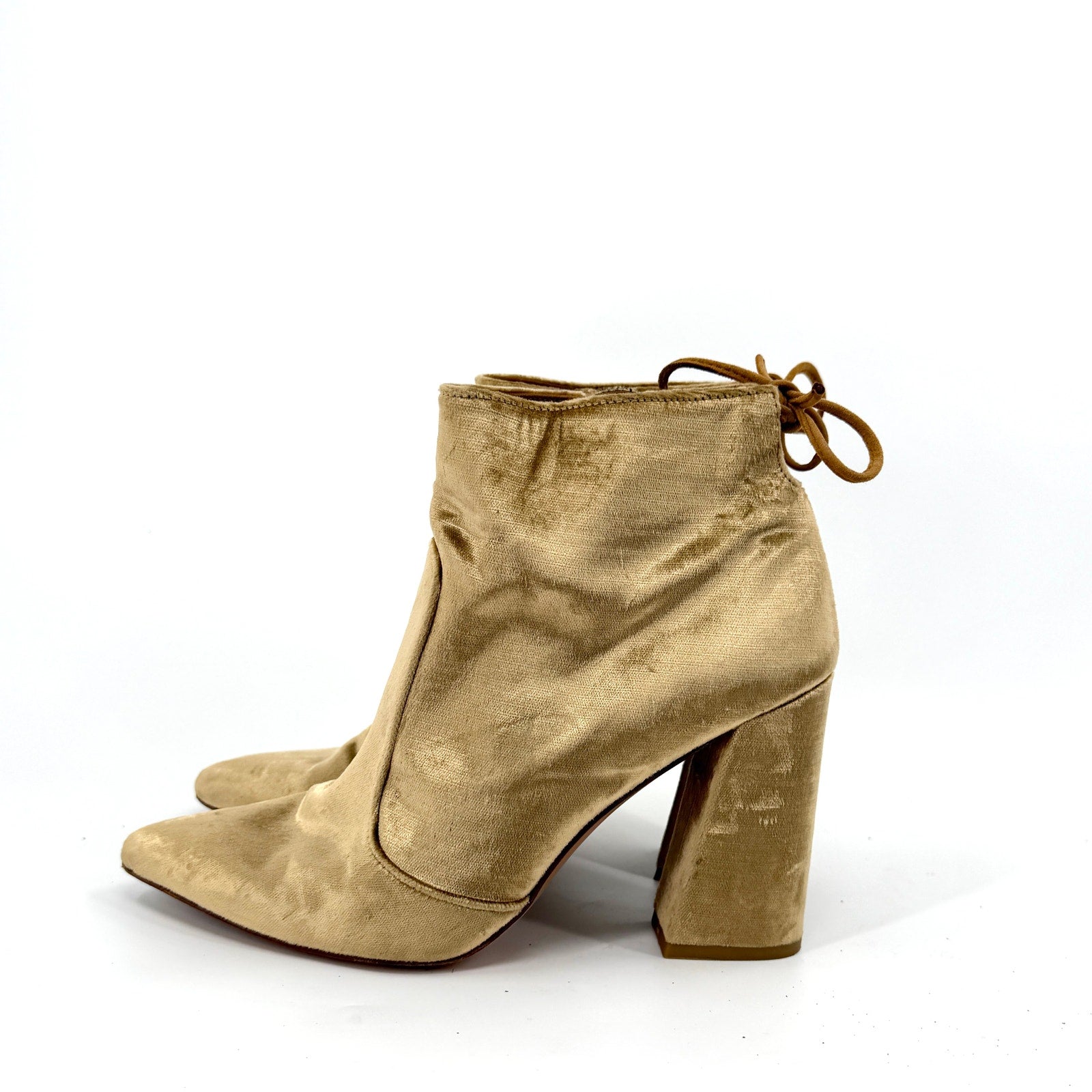 Stuart Weitzman Gold Crushed Velvet Pointed Toe Block Heel Booties