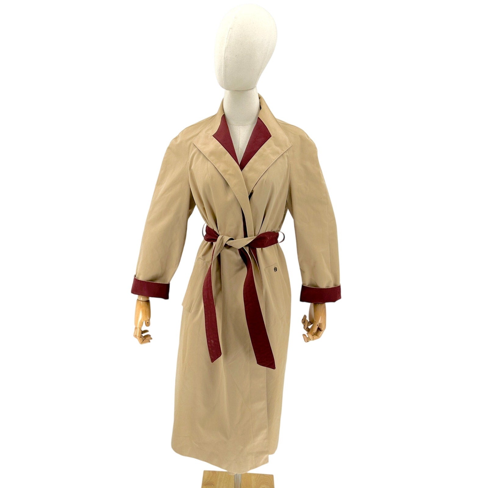 Vintage 80s Etienne Aigner Tan Maroon Reversible Belted Trench Coat