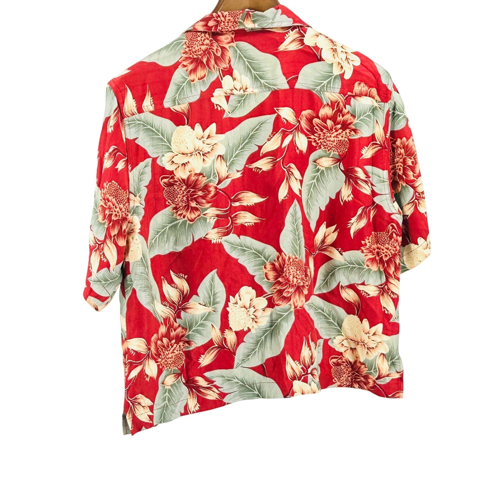 Vintage 90s Bungalow Brand Red Floral Tropical 100% Silk Cropped Shirt