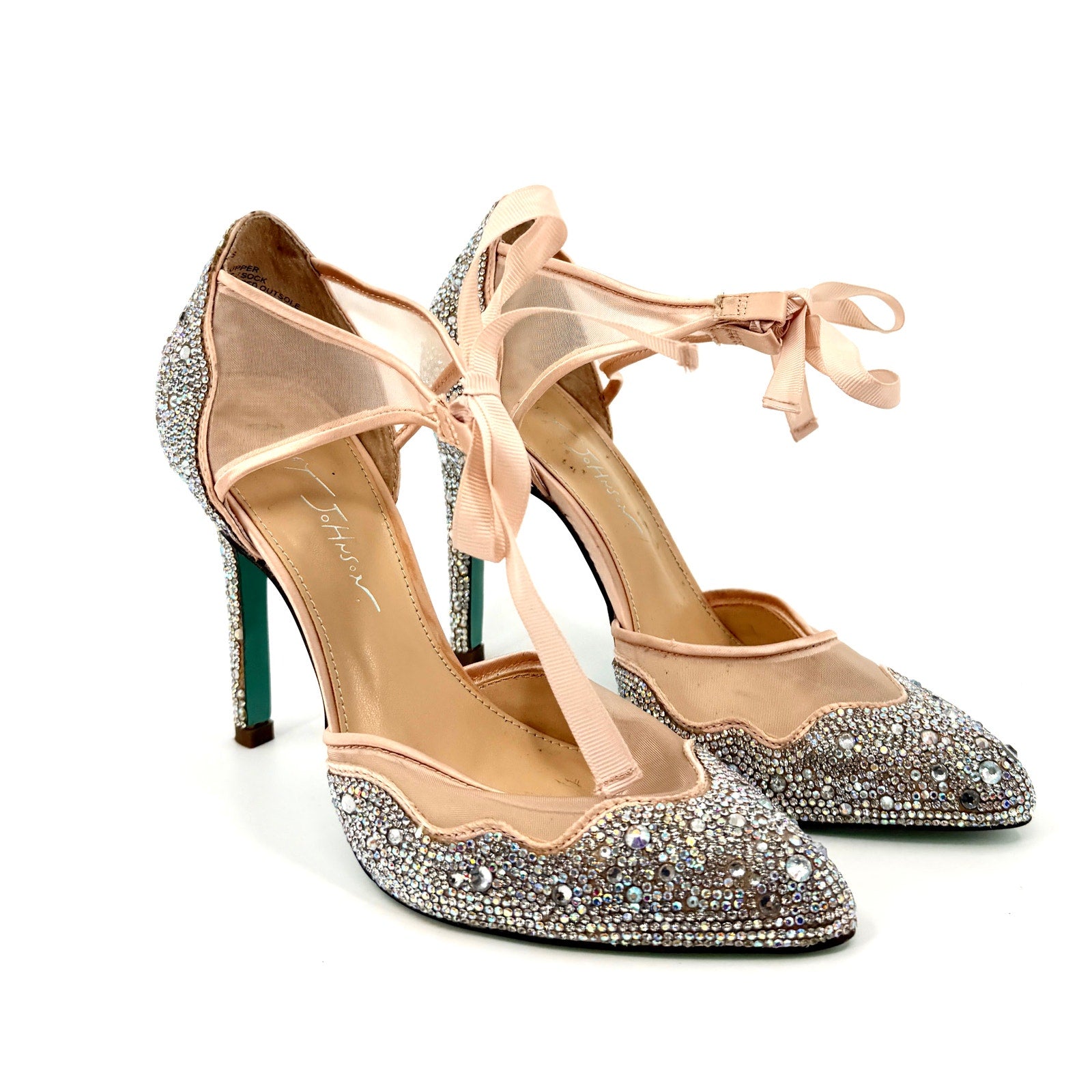 Betsey Johnson Iris Blush Pink Rhinestone Lace  Ribbon Tie Stiletto Heels