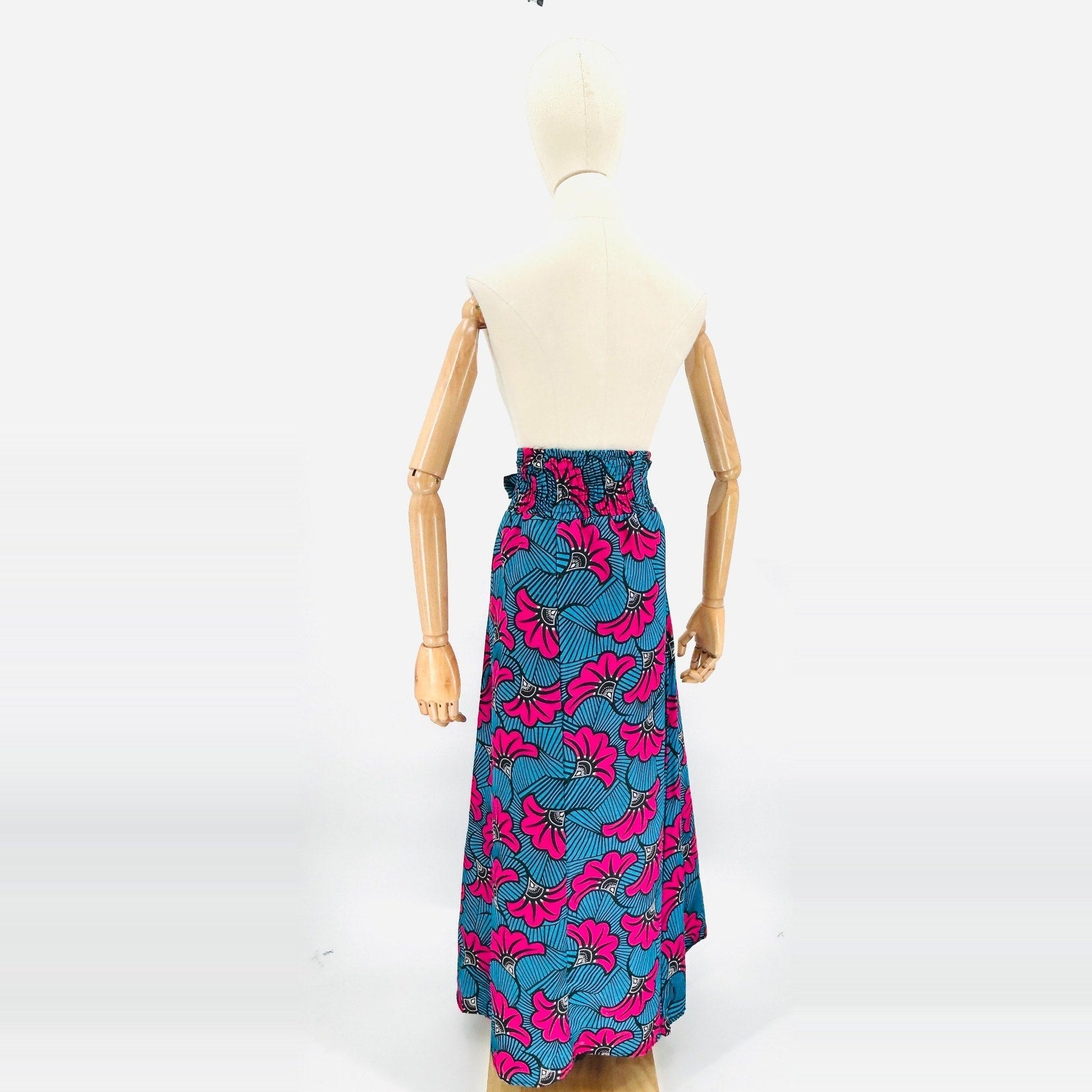 Ankara Wax Print Blue Pink Floral Cotton Paperbag Maxi Skirt