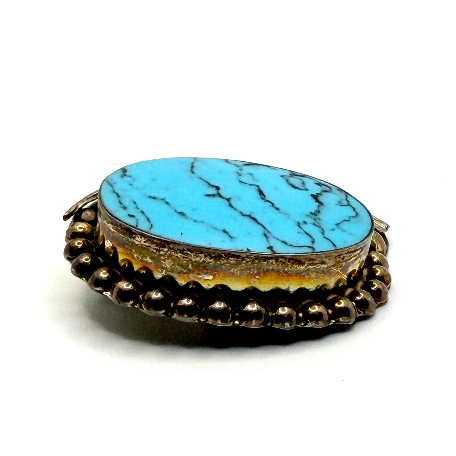 Vintage 90s Taxco Mexico Sterling Silver Turquoise Signed Leaf Pin Pendant