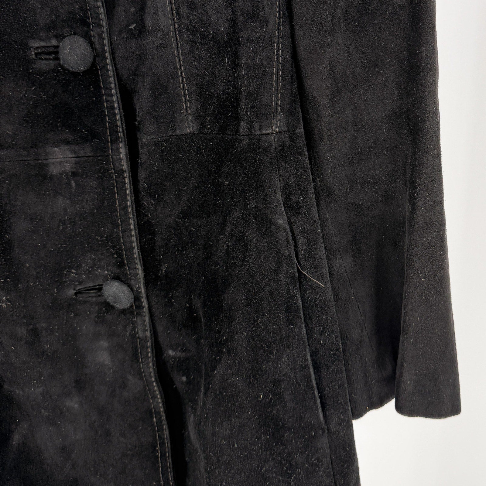 Vintage 70s Leather House Black Genuine Leather Suede Double Breasted Coat