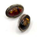 Vintage 90s Cognac Sterling Silver Baltic Amber Stamped Oval Stud Earrings