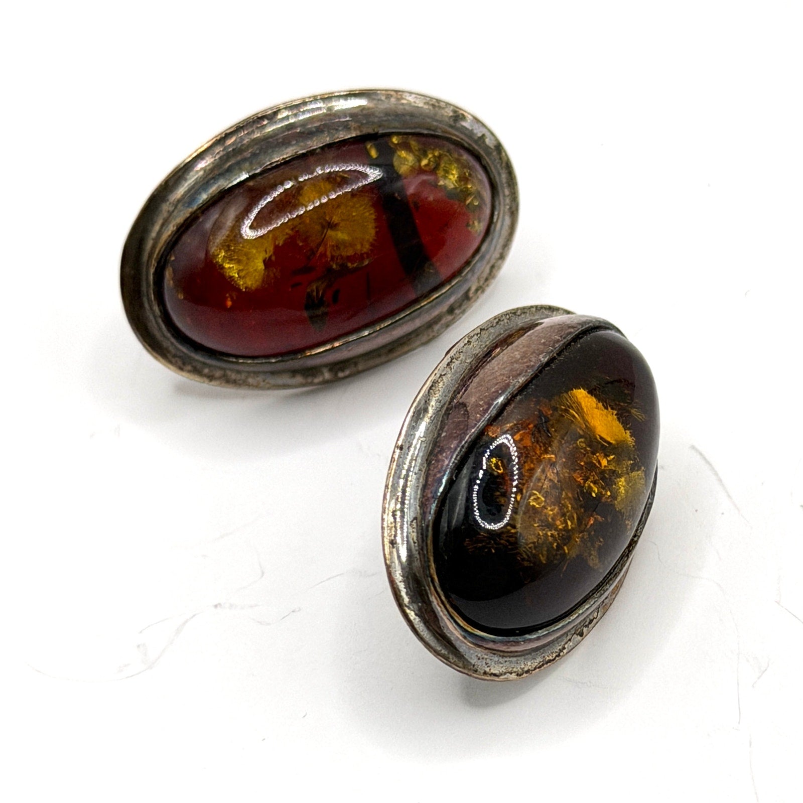 Vintage 90s Cognac Sterling Silver Baltic Amber Stamped Oval Stud Earrings