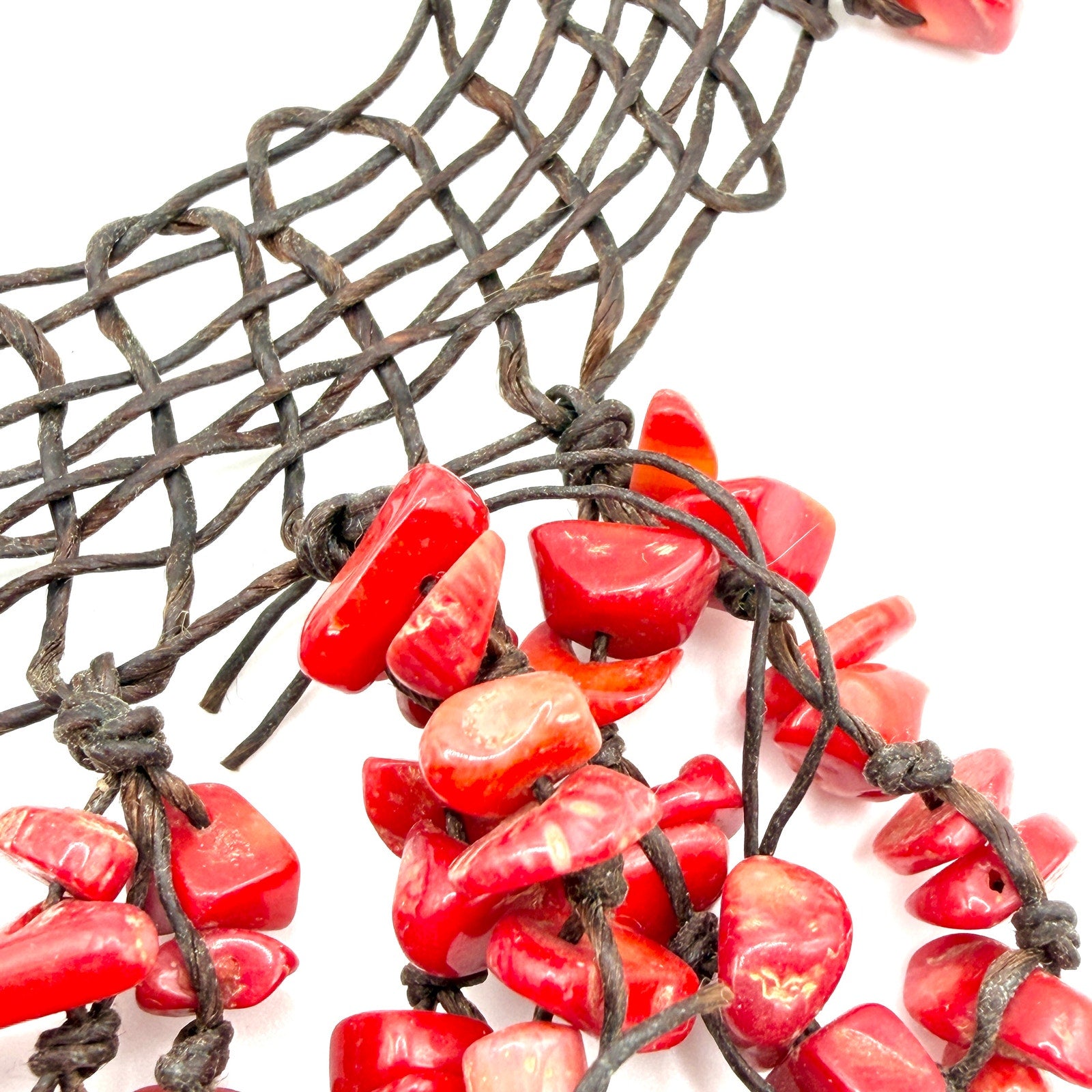 Vintage 90s Red Coral Chip Woven Macrame Mesh Fringe Statement Bib Necklace