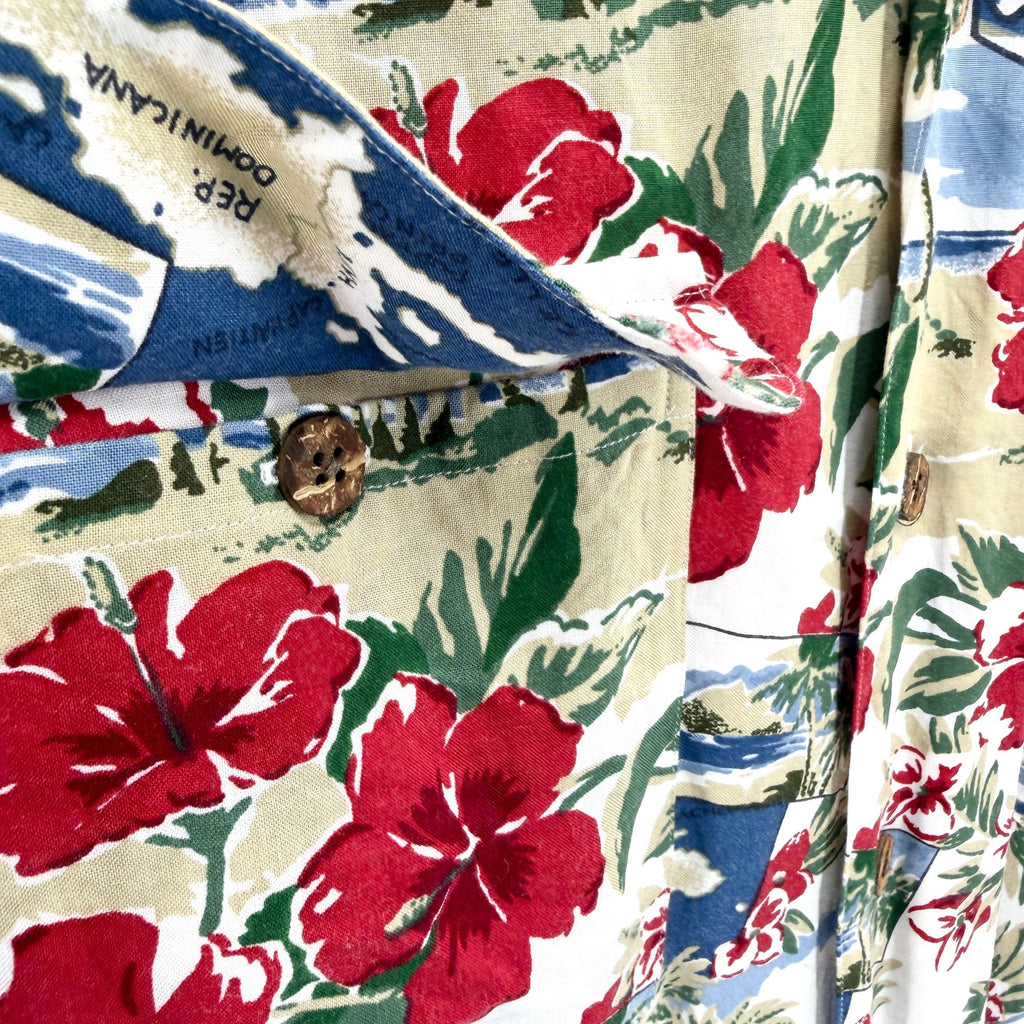 Vintage 90s Roundtree & Yorke Blue Red Hibiscus Caribbean Map Aloha Shirt