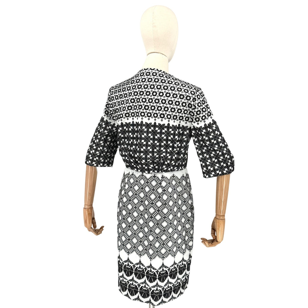 Elie Tahari Black White 100% Cotton Embroidered Eyelet Shift Coat Dress