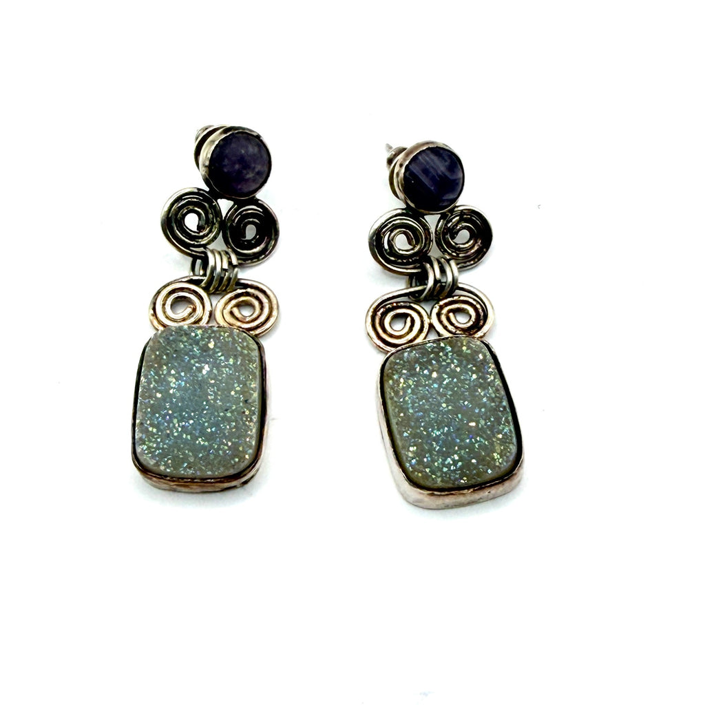 Vintage 90s Sterling Silver Amethyst Druzy Scroll Drop Earrings