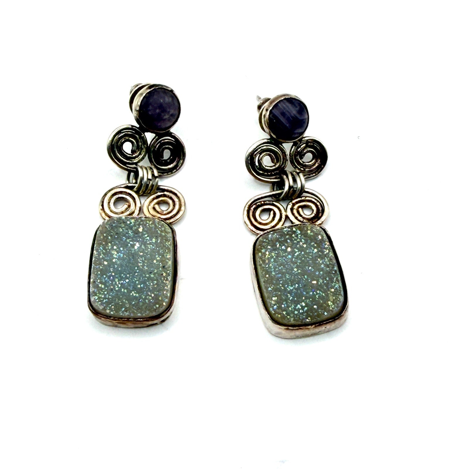 Vintage 90s Sterling Silver Amethyst Druzy Scroll Drop Earrings