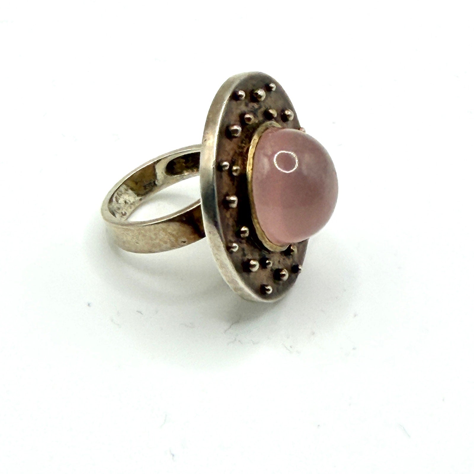 Vintage 90s Sterling Silver Pink Rose Quartz Dot Shield Statement Ring
