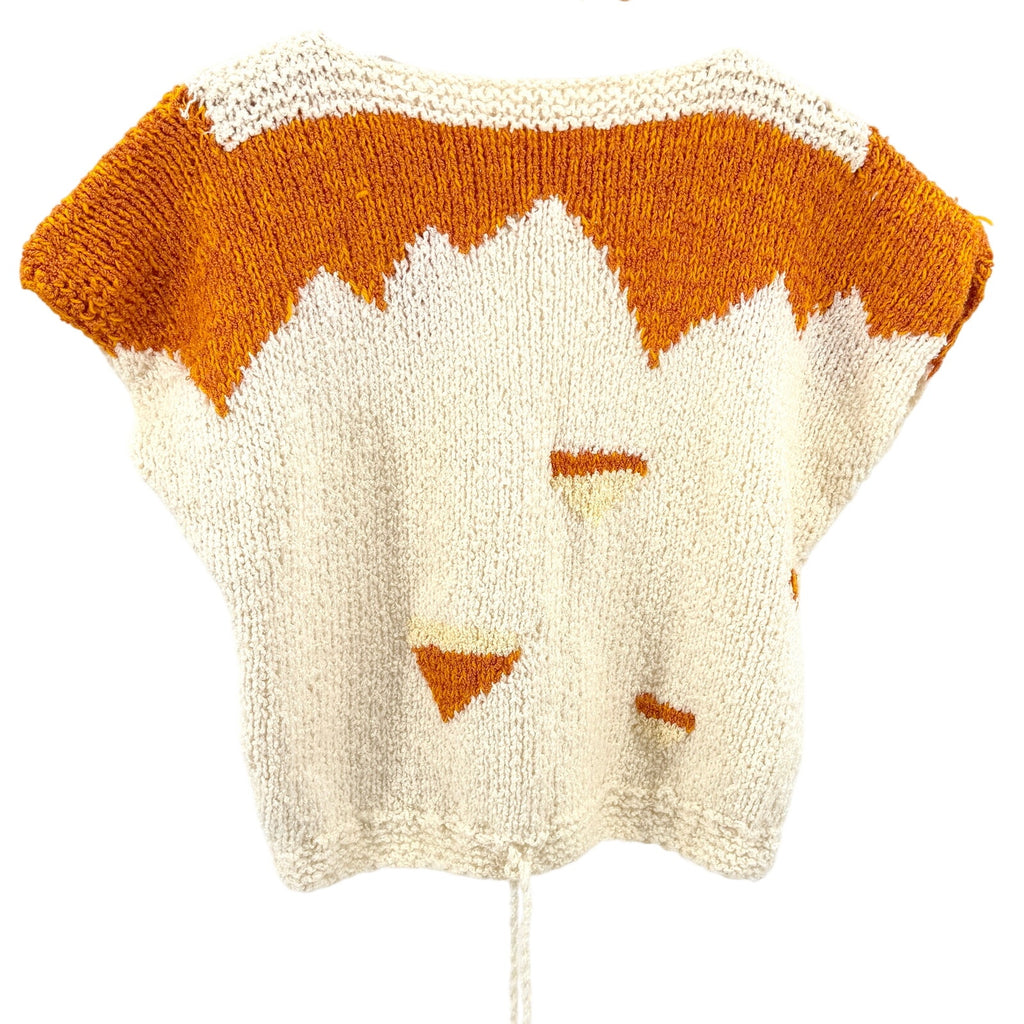 Vintage 70s Handmade Cream Orange Geometric Hand Knit Sweater Vest