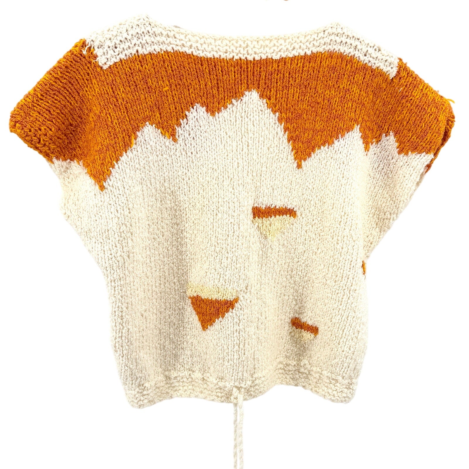 Vintage 70s Handmade Cream Orange Geometric Hand Knit Sweater Vest